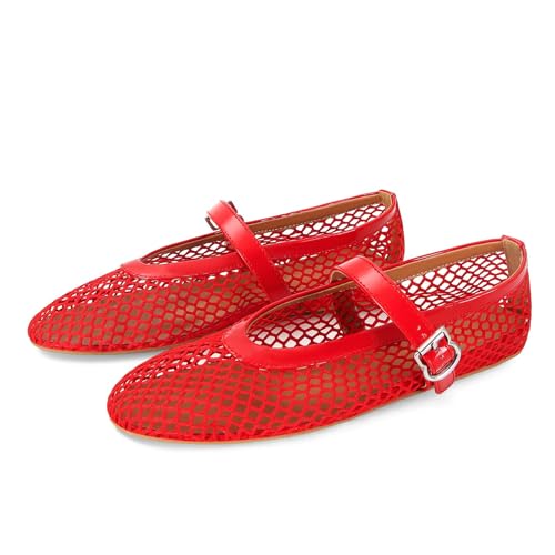 MICIFA Women's Mesh Ballet Flats Fishnet Ballerina Flats Buckle Strap Mary Jane Flats Causal Daily...