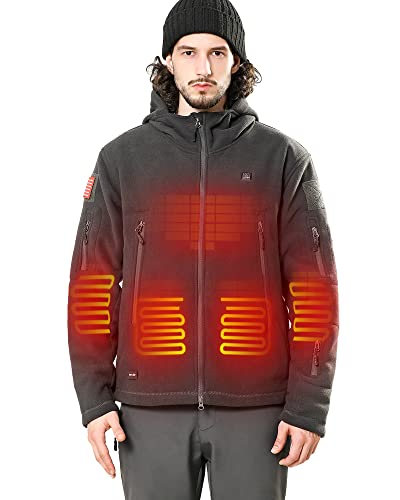 DEWBU Heated Jacket Polar Fleece with 12V Battery Pack Soft Fleece Electric Heating Hoodie for Men, Grey, XL