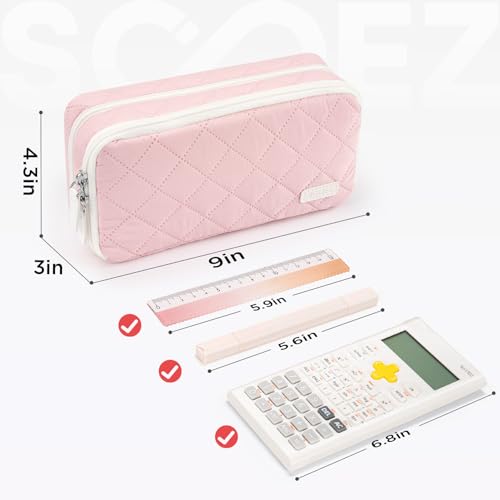 Image of Sooez Large Pencil Case Pouch, Extra Big Pencil Bag with 8 Compartments, Pen Bag Wide Opening, Soft Quilted Pencil Pouch Organizer with Zipper, Portable Pencil Case for Teen Girls, Rose Pink