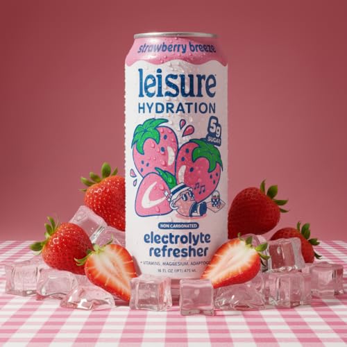Image of Leisure Hydration Non-Carbonated Electrolyte Refresher, Strawberry Breeze - Low Sugar Nutrient Enhanced Water Beverage - Get The Best Hydration Packed w / Magnesium & Ashwagandha For Mood & Stress Support, Non-GMO, 16 oz (12-Cans)
