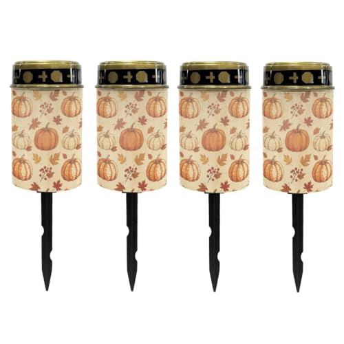 Image of Poceacles Solar Powered Flameless Candle Cemetery Votive Candles Waterproof Outdoor Memorial Solar Stake Lights Home Outdoor Decoration, Pumpkin Fall Leaf Beige, Set of 4
