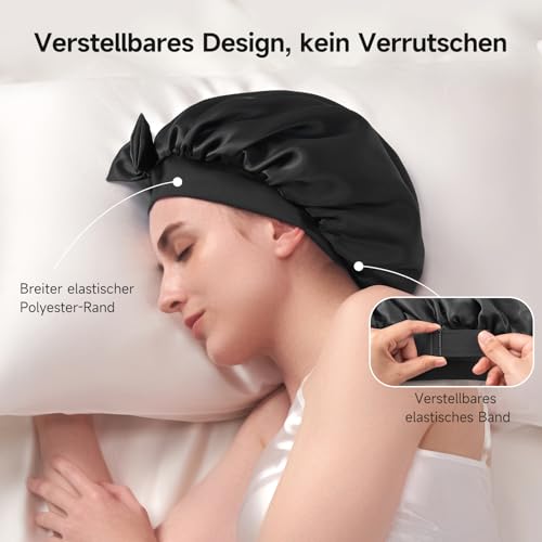 Umisleep 100 % Maulbeerseide 22 Momme große Seidenhaube zum Schlafen, doppellagig, rutschfest und atmungsaktiv, mit verstellbarem Band für lange, lockige Haare, Schwarz