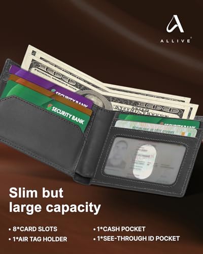ALLIVE Airtag wallet for men - Genuine Leather Mens Wallet RFID Blocking Slim Billfold with Built-in AirTag Holder, 8 Card Slots, Minimalist Front Pocket Wallet with Gift Box (Classic Black)3