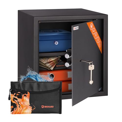 Brihard Business Tresor mit Schlüssel 40x36x36cm & Feuerfeste Dokumententasche, 48L Stahl Safe für Zuhause oder Büro mit Herausnehmbarer Ablage, Abschließbare Box für Laptop, Geld, Dokumente & Mehr