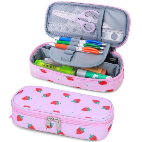 RHCPFOVR Kids Pencil Case for Girls-Soft Zipper Large Capacity Pencil Pouch for Girls Pencil Case for School Pencil Bag for Toddler (Pink Strawberry)