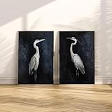 LZMASM Schwarzer Reiher Kunstdruck auf Leinwand, Retro-Motiv, fliegendes Kranichpaar, Tier-Wandkunstdrucke für moderne Wohnzimmerdekoration (60x80cm/2 Stück rahmenlos)