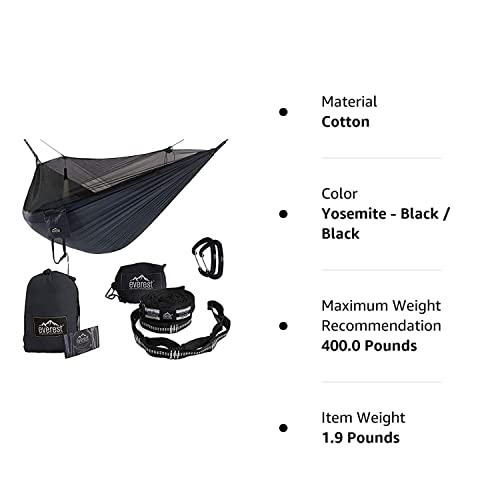Everest Double Camping Hammock With Mosquito Net | Bug-Free Camping, Hiking, Backpacking & Survival Outdoor Hammock Tent | Reversible, Integrated, Lightweight, Ripstop Nylon | Black/Black/Net Black #TOP6