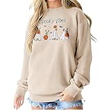 IZYJOY Womens Cute Ghost Dog Graphic Sweatshirt Halloween Crewneck Oversized Sweaters Spooky Season Pullover Fall Clothes(Apricot,Large)