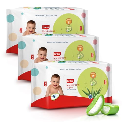 Image of LuvLap Moisturising Wet Wipes without Lid For Baby Skin, Enriched with Aloe Vera, Vitamin E & Chamomile Extract, pH Balanced, Dermatologically Safe, Paraben & Sulphate Free, 72 Wipes, pack of 3