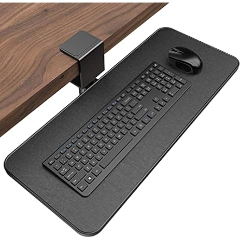 Drehbare Tastaturablage unter dem Schreibtisch - Klearlook PU-Leder Tastaturauszug mit verstellbarer C-Klammer, ergonomischer Tastaturplattform, 23,6x9,8 Zoll Schreibtisch-Extender ohne Bohren-Schwarz Cover