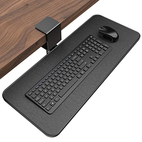 Drehbare Tastaturablage unter dem Schreibtisch - Klearlook PU-Leder Tastaturauszug mit verstellbarer C-Klammer, ergonomischer Tastaturplattform, 23,6x9,8 Zoll Schreibtisch-Extender ohne Bohren-Schwarz