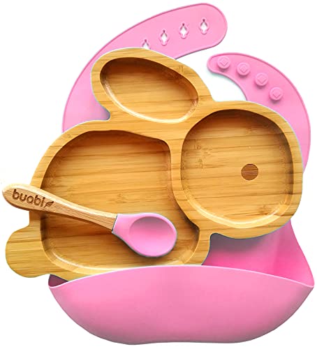 BUABI Vajilla de Bambú y silicona (CONEJO). Set 3 piezas: Plato, Cuchara y Babero. Con ventosa antideslizante en la base. Bambú natural y silicona grado alimentario, Ecológico sin BPA (Rosa) Cover