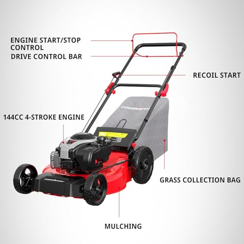 Image of PowerSmart 21 inch Self-Propelled Gas Lawn Mower, 140cc Briggs & Stratton Engine, 3-in-1 Mulching /Bagging /Side Discharge, 6 Cutting Heights, Durable Steel Deck, Rear-Wheel Drive for Yard & Garden
