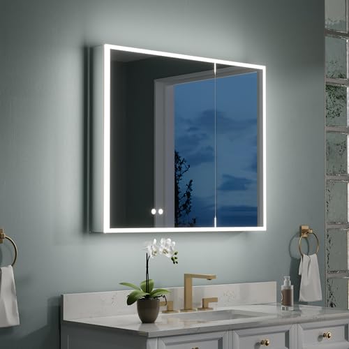 WELLFOR 36' X 30' Medicine Cabinet with Lights, 3X Magnification, Anti-Fog Mirrored Cabinet, Double...