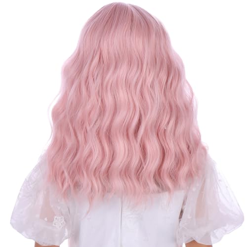 Image of Children Pastel Pink Wig Kids Short Light Pink Wavy Curly Wigs Girls Wig with Air Bangs Synthetic Cosplay Hair Wigs