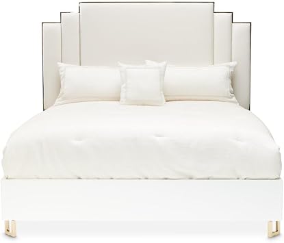 Michael Amini Palm Gate White Upholstered Eastern King Bed Cloud White Panel Bed with Cream Woven Polyester Fabric and Durable Manufactured Wood Frame for Elegant Bedroom