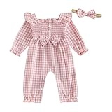 Amnnchya Newborn Infant Baby Girl Clothes Smocked Fly Sleeve Ruffle Bow Romper Plaid Jumpsuit One Piece Fall Winter Outfits (Pink, 12-18 Months)