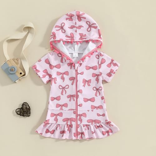 Image of Girls Terry Cloth Swim Cover Up Zip Up Hooded Bathing Suit Coverup Wraps Rufled Kids Pool Beach Robe Cover-Up Dress