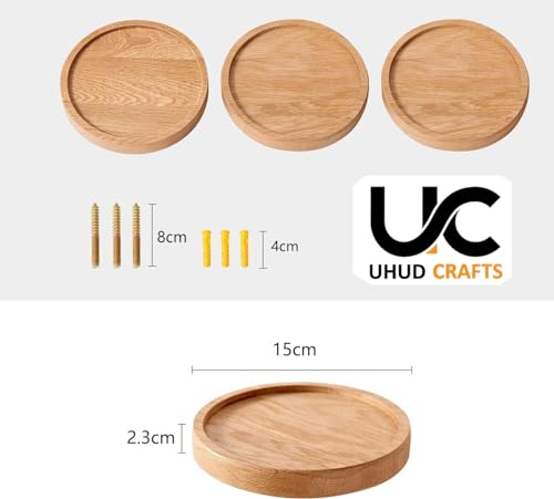 Image of UHUD CRAFTS Decorative Set of 3 Small Round Wooden Wall Shelves - Space-Saving Solid Wood Floating Shelves | Wooden Wall Mounted Plant Shelves for Home Decor