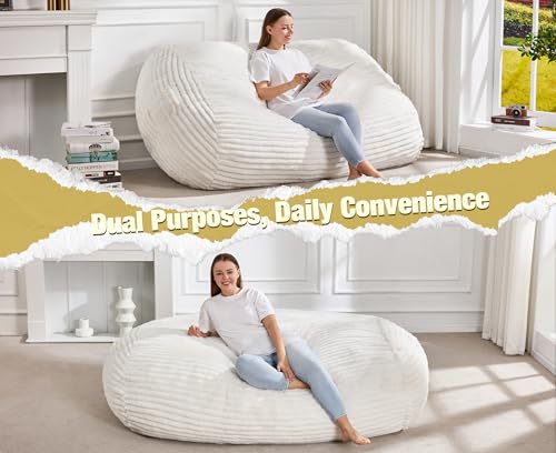 Image of Hobestluk 5FT Bean Bag Chairs Adult Bean Bag with Portable Handle Comfy Large Bean Bag Lounge Chair with Removable Cover for Living Room Bedroom (Stripe White, 5FT)
