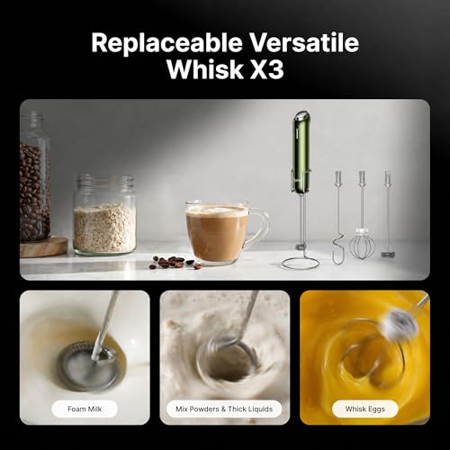Image of InstaWhisk Milk Frother with Variable Speed, Rechargeable Coffee Frother Wand with Detachable Double Whisk, Handheld Electric Stirrer for Latte, Cappuccino, Matcha, Almond Milk, Protein, Army Green