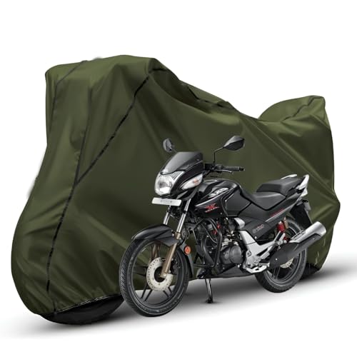 Image of Waterproof Bike Body Cover Compatible with Hero Xtream CBZ Dustproof Scratchproof - Motorcycle Cover for Two Wheeler, Outdoor Full Cover with UV, Duty, Rain Protection (Olive with Black) R1