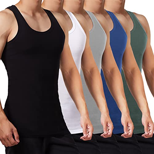 FALARY Mens Vest Tops Pack of 5 Tank Tops Fitted 100% Cotton Basic Plain Color Underwear and Colours Black White Grey Navy Olive M