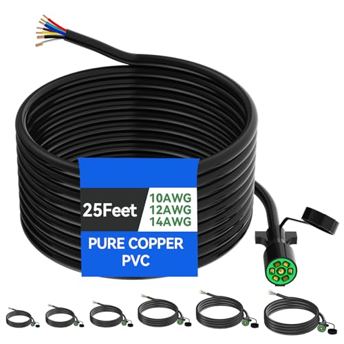 Image of 25 Ft 7 Pin Trailer Plug 10-14AWG 7 Way Trailer Plug Brass 7 Pin Trailer Wiring Harness Heavy Duty 7 Wire Trailer Wiring Harness Kit With Dust Cover 7 Way Trailer Wire for Rv Trailer Camper