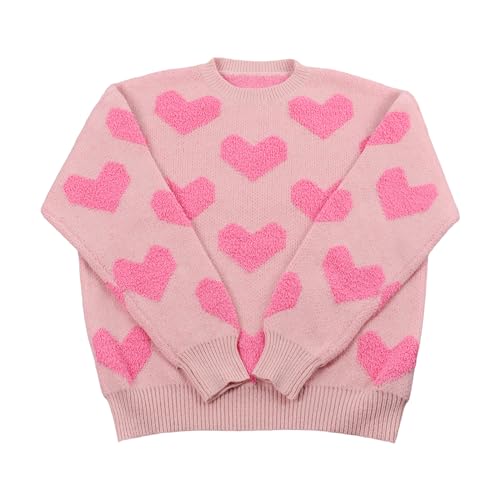Image of Women's Valentine Love Print Heart Fun Sweater Casual Crewneck Long Sleeve Knit Sweatshirts Pullover Tops