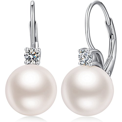 925 Sterling Silver Pearl Leverback Earrings for Women 5A+ Cubic Zirconia Diamond Simulated Pearl Jewelry 10MM