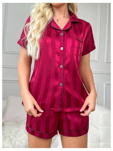 Image of SHENHE Women's 2 Piece Satin Pajama Set Leopard Short Sleeve Button Down Pj Shorts Set Burgundy Stripe Small
