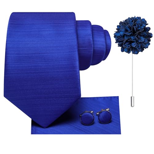 Image of Hi-Tie Men Silk Ties Set with Flower Lapel Pin Necktie Pocket Square Cufflinks for Tuxedo Wedding Business
