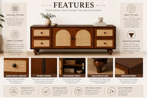Image of Premium Solid Wood, 10 Minutes Assembly (Legs Only), Aesthetic Rattan Doors, Mid Century Entertainment Center for Living Room, TV Stand for 65 inch TV, Dark Chocolate (Walnut Brown)