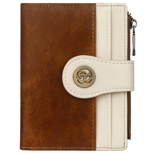 Image of Leather Wallet Women,RFID Blocking Slim Compact Card Holder with Zipper Coin Pocket,Top Grain Cowhide Bifold Women's Wallet(brownwhite)