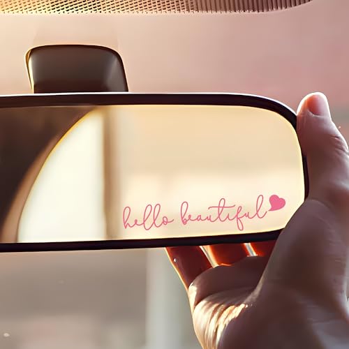 Image of Girly Car Accessories for Women, Valentine Stickers, Pink Car Stickers and Decals - 3Pcs Pink Heart Hello Beautiful Rearview Mirror Decal, Cute Car Decorations, Stickers for Window, Laptops, Bottles