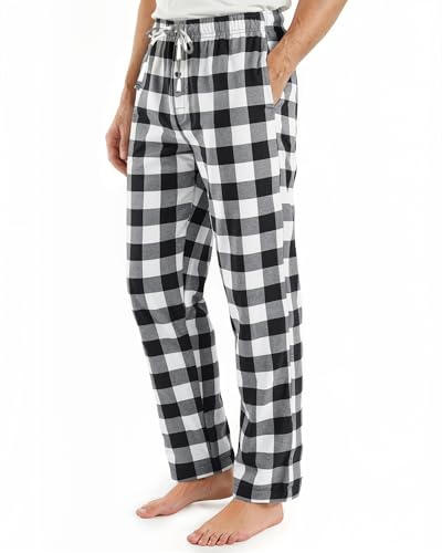 NY Threads Mens Flannel Pajama Pants with Pockets Soft Cotton Sleepwear Lounge PJ Bottoms Large Black/White