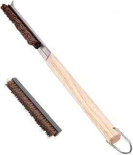 Pizza Oven Brush Natural | Scraper Coconut Shell Bristles | Wood Handle | Outdoor Pizza Oven Accessories | 2 Brush Heads Included
