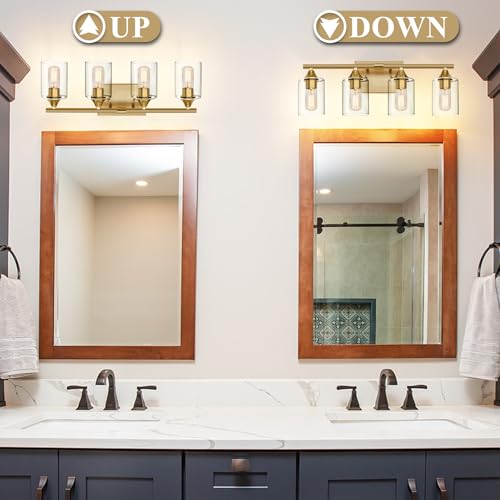 Image of Brushed Gold Vanity Light,4 Light Gold Bathroom Light Fixtures,Bathroom Lights Over Mirror with Clear Glass Shade,Modern Wall Lighting for Mirror Bedroom Vanity Hallway