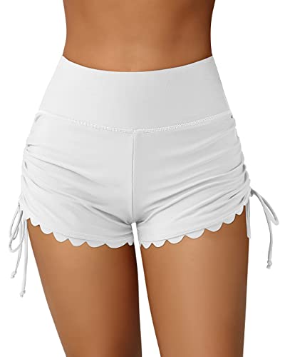 ATTRACO Womens Swim Shorts High Waisted Swimming Costume Bottom Tummy Control Swimsuit Board Shorts White