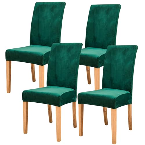 Jusmate Velvet Chair Covers for Dining Room, Soft Velvet Plush Stretch Dining Chair Slipcovers, Washable Removable Parsons Chair Protectors Set of 4, Green