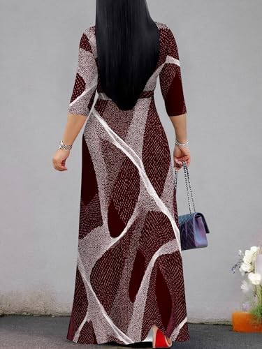 Image of Plus Size Dresses for Women Print Maxi Dresses 3 /4 Sleeve with Belt