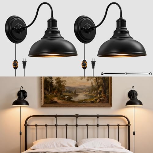Lightess Plug in Wall Sconces, Farmhouse Sconce with Dimmer, Black
