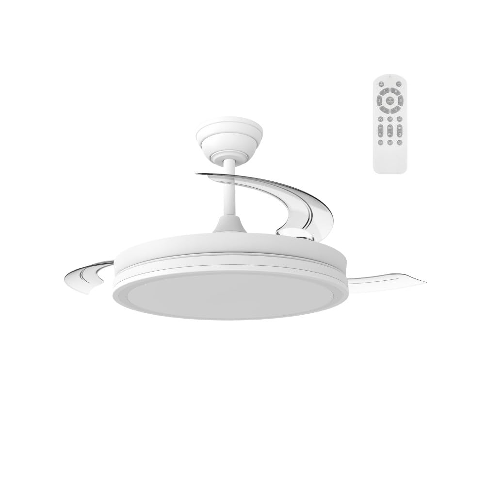 Wonderlamp Ventilateur de plafond avec pales rétractables, mode lumière nuit, ventilateur silencieux avec lumière LED 48 W Astra Eco, moteur DC 6 vitesses, réglable, télécommande, Ø106