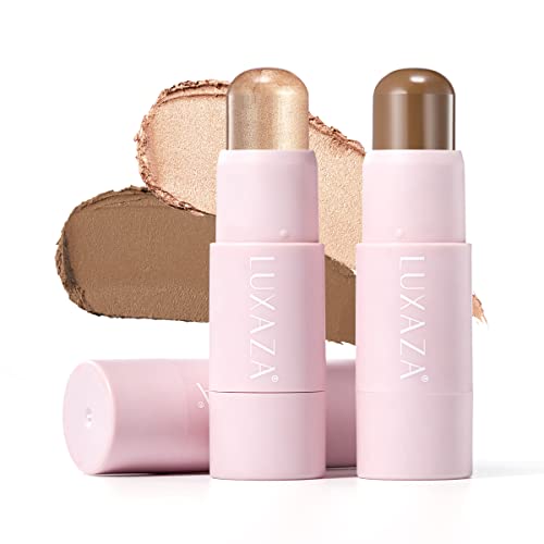 Luxaza 2Pcs Cream Contour Highlighter Stick Face Make Up Kit, Creme Bronzer Shaping Trimming Stick Wand For Girls And Women, Brightens & Shades, Highlight ( Pearl ) #02H + Contour ( Matte ) #02C Medium-Brown/Sunkissed-Bronze #TOP12