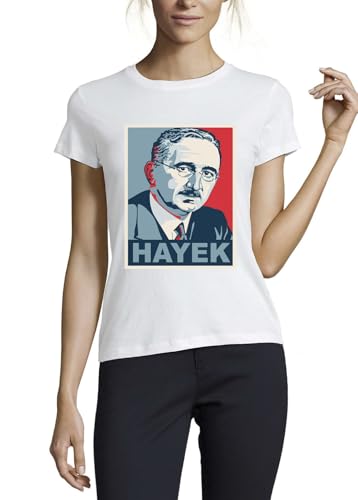 T-shirt Friedrich Hayek en coton blanc pour femme au style pop art autrichien