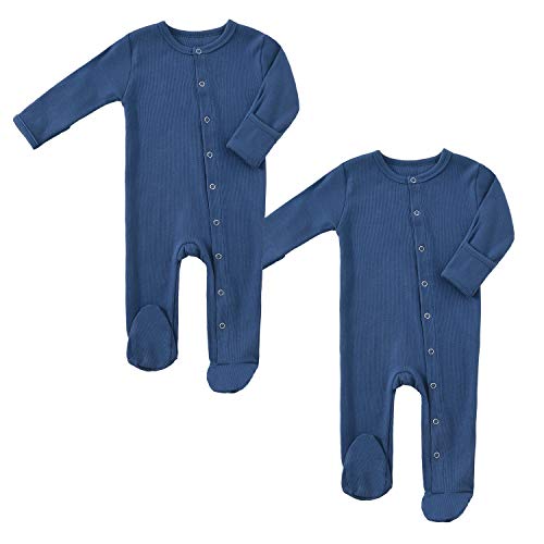 Baby Footed Pajamas with Mitten Cuffs Unisex Cotton Snap-up Romper Jumpsuit Sleep and Play 0-12 Months Footies 2-Pack Blue