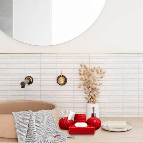 Juego de baño de cerámica roja para Navidad con soporte de cepillo y jabonera elegante 4