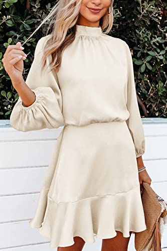 Women's Casual Satin Dress High Neckline Bow Textured 3/4 Sleeve Ruffle Hem A-Line Mini Party Dresses Beige #TOP2