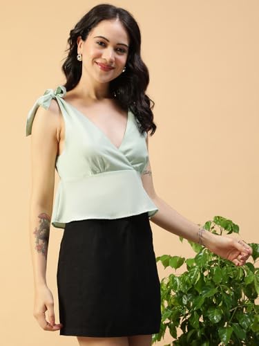 Image of oxolloxo Women Solid V-Neck Tie-Up Detail Shoulder Strap Slub Fabric Peplum Top