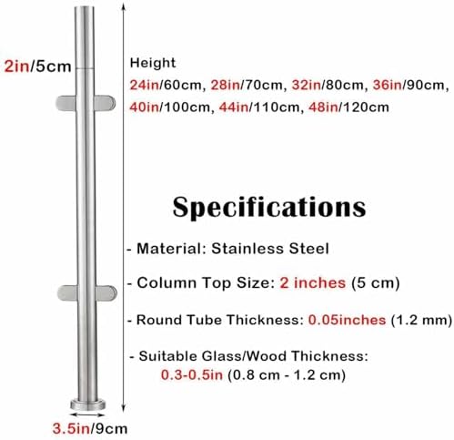 Stainless Steel Glass Railing Post - Outdoor Silver Black Deck Stairway Balustrade, Round Vitreous Fence Pole, Adjustable Heights 24-48in for Modern Home Safety